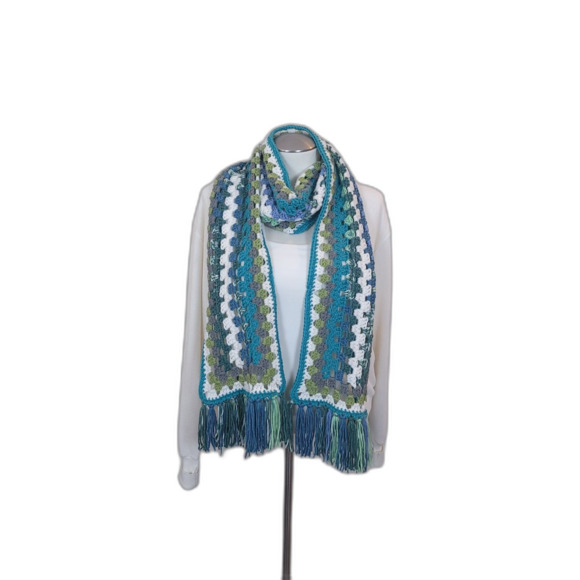 Handmade Granny Stitch Crochet Scarf Boho Vtg Look Greens Blues Fringe - Picture 1 of 2
